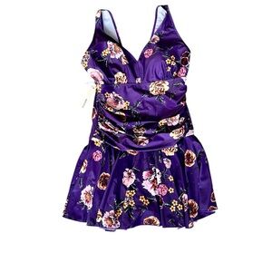 Floral Swim Dress One-Piece Swimsuit Skirted Purple XL Tummy Control Swimdress